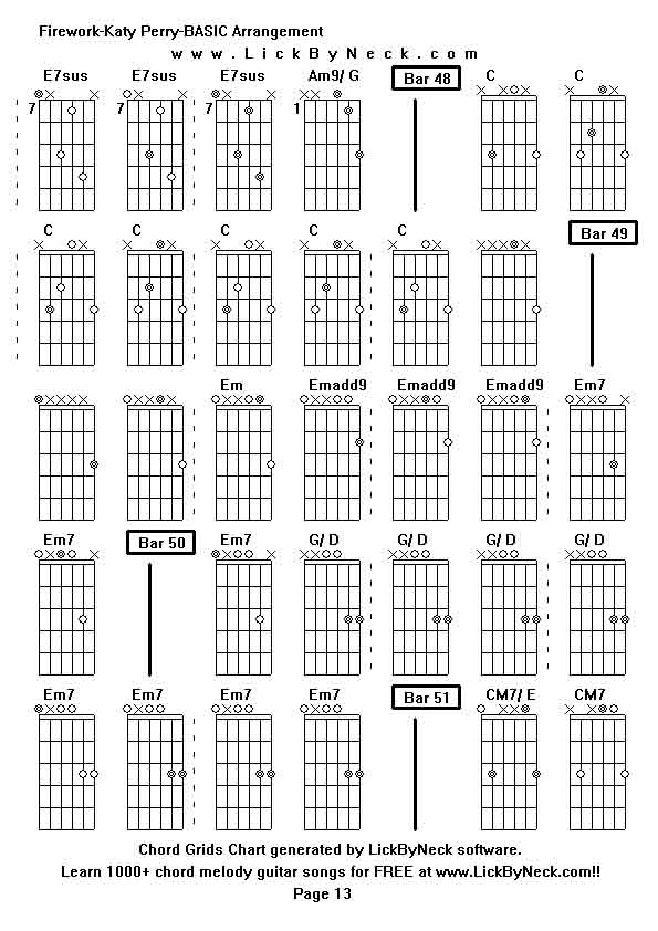 Chord Grids Chart of chord melody fingerstyle guitar song-Firework-Katy Perry-BASIC Arrangement,generated by LickByNeck software.